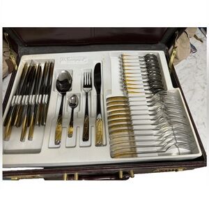 Inoxpran 18/10 Full Set Silverware With Gold Floral Inlay In Case Made In Italy